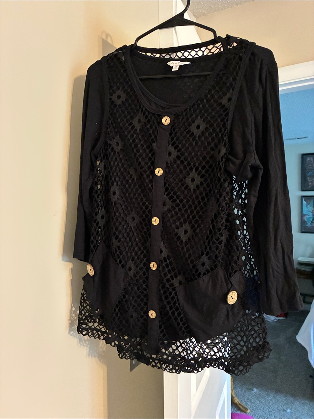 Black Crochet Button-Front Women's Top